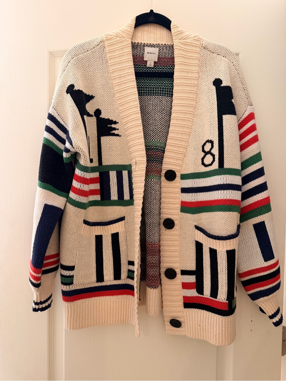 Maeve Cream Striped Golf Cardigan Sweater